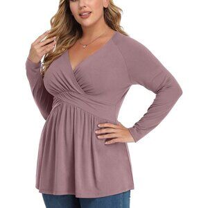 Women's Long Sleeve Floral Print Tops Pleated Casual V Neck Tunic Top